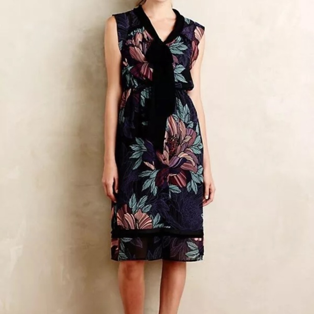 Anthropologie Maeve Floral Bretin tie neck Dress